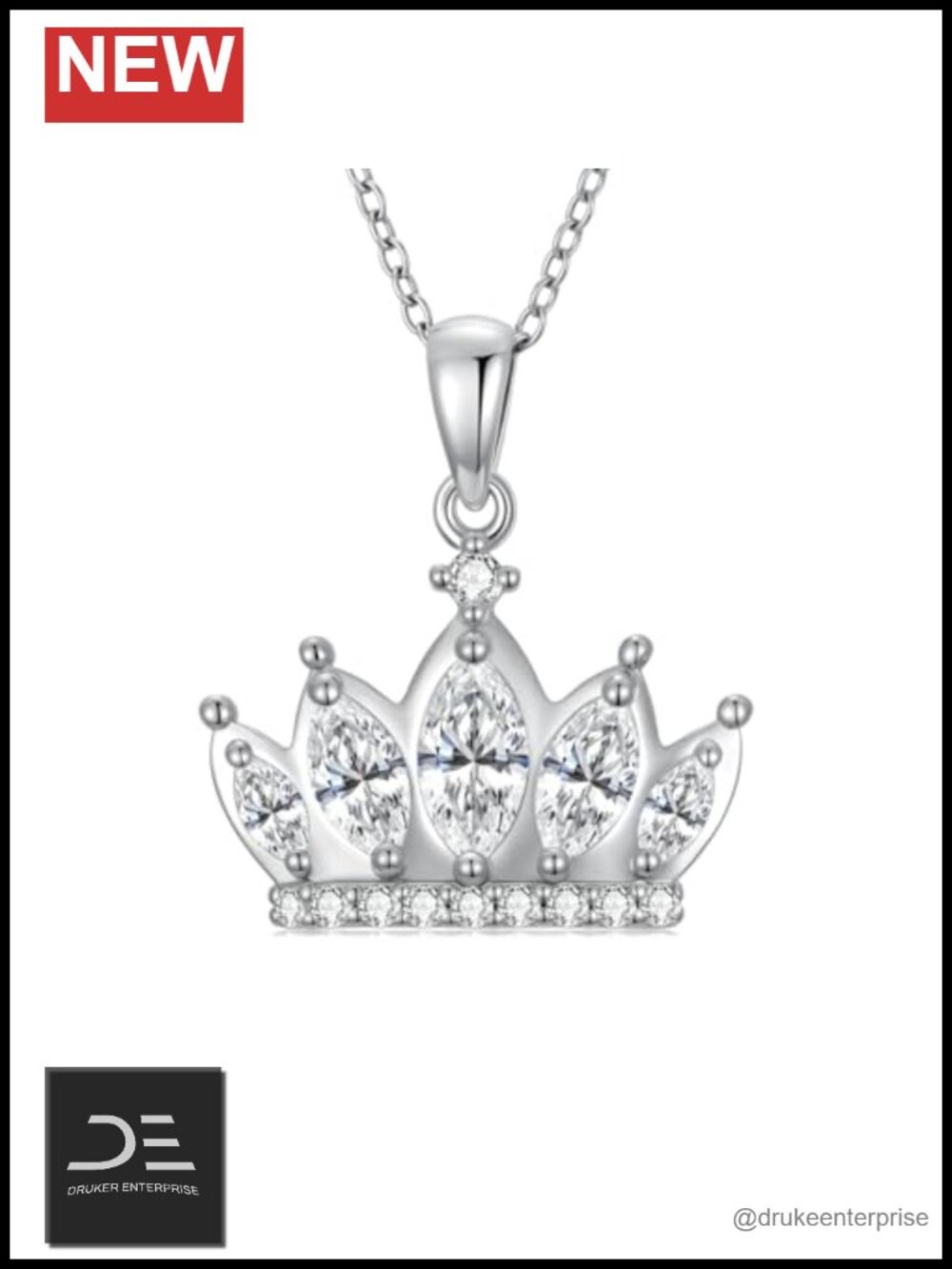 925 Sterling Silver Crown Pendant Necklace with Cubic Zirconia Adjustable 18+2